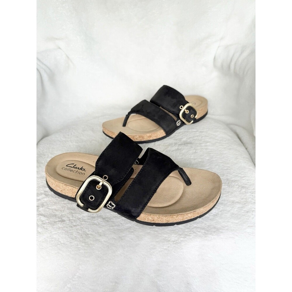 Clarks Women's Reileigh Park Flip-Flop, Black Nubuck, 10 EUC